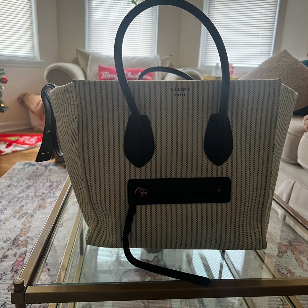 Celine phantom green striped cloth tote